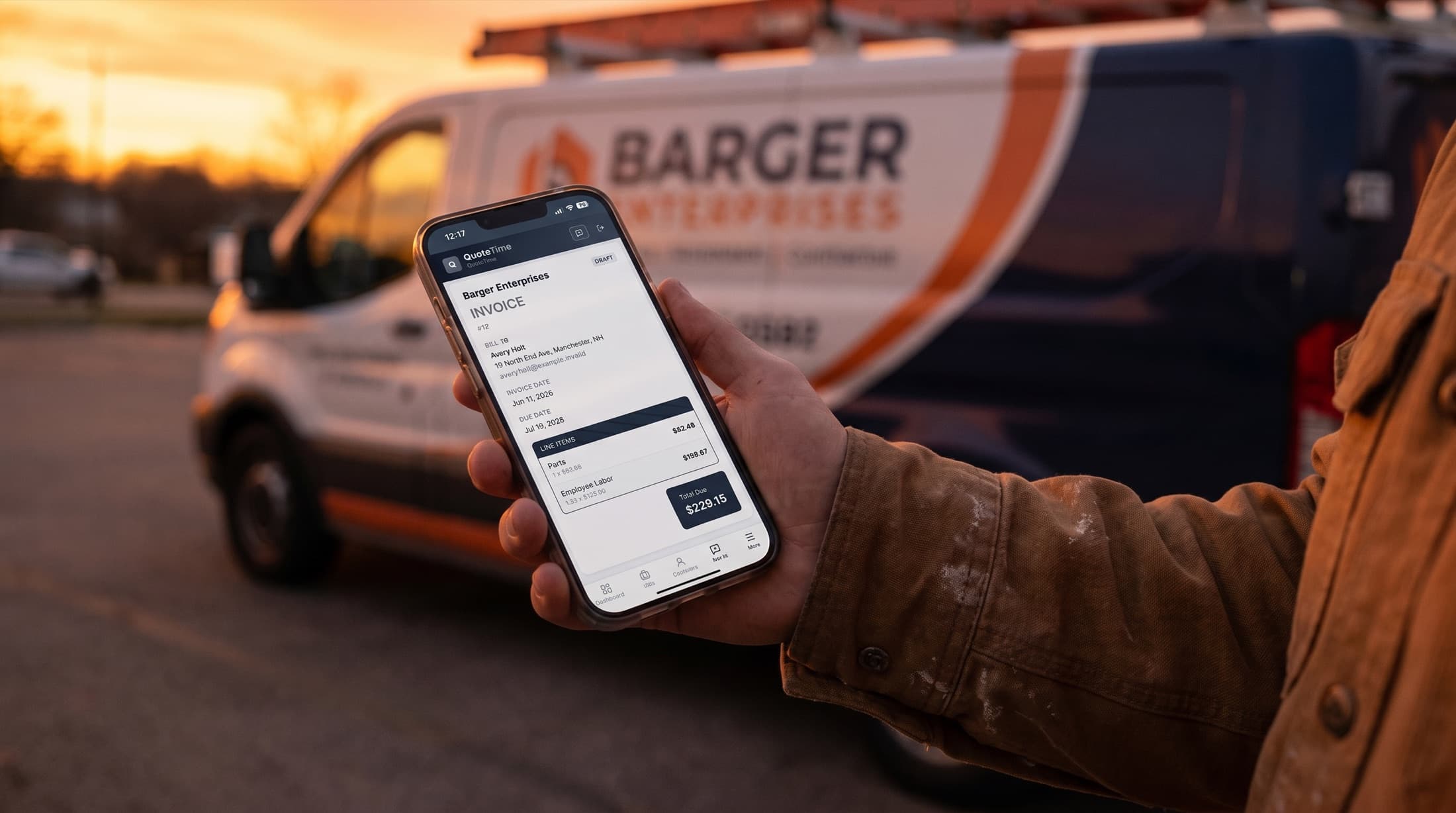 A tradesman at his work van at golden hour, holding a phone showing a QuoteTime invoice